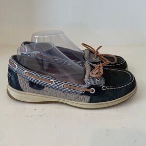 Sperry Angelfish Black 9.5 Leather Boat Shoes Loafers Plaid Black White Tartan